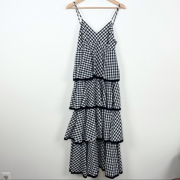 J. Crew Spiro Gingham Tiered Maxi Dress Gown | Navy Blue | Size 2 - Picture 3 of 10